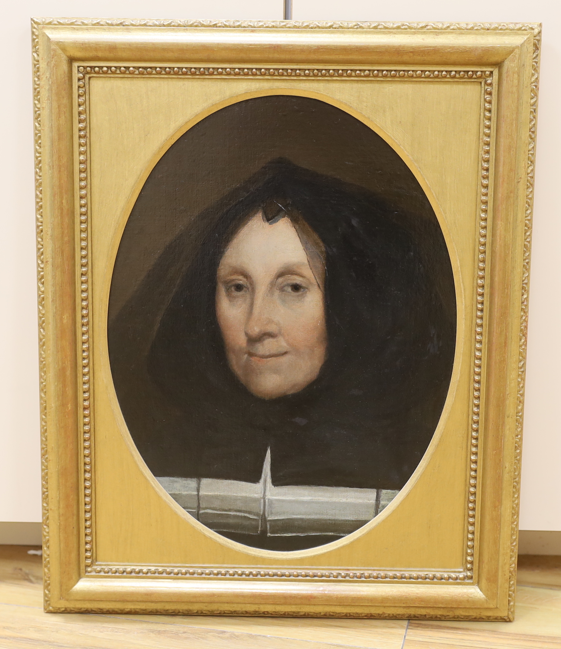 Mid 19th century English school, oval oil on canvas, Portrait of a Quakeress, wearing a black headdress, 41 x 30cm